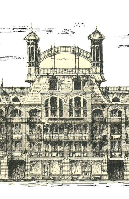 Ontwerp voor een groep van zes huizen in Zürich (<i>La Gerbe, Revue d’Art décoratif et de Littérature</i>, Iste jaar, nr 3, april 1898, p. 71).